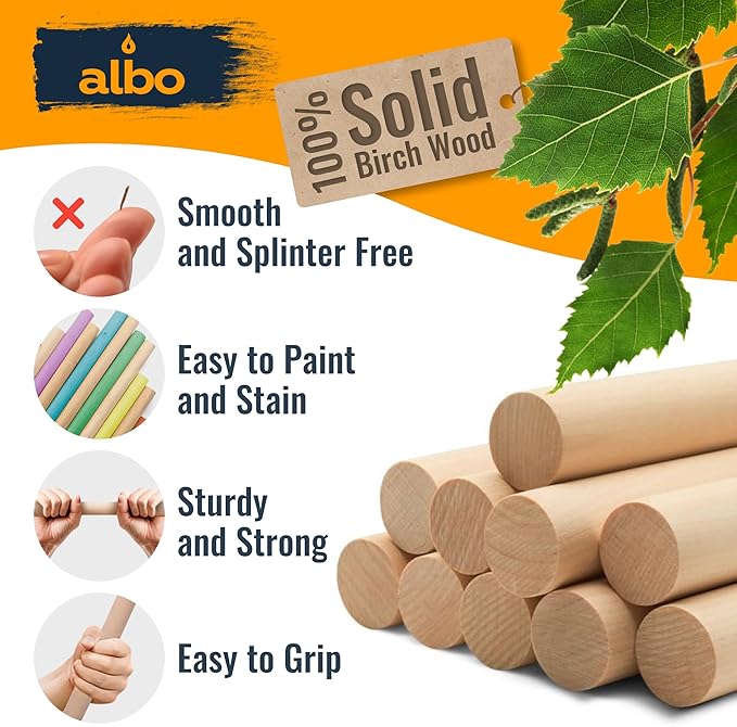 ALBO 1" x 48" Wooden Dowel Rods Set - 10 Pack Birch Natural Long Craft Sticks Rails Shelf Supports Garden Hardwood Smooth Finish Woodworking Material DIY Furniture Bulk Professional
