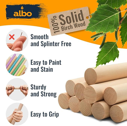 ALBO 1" x 48" Wooden Dowel Rods Set - 10 Pack Birch Natural Long Craft Sticks Rails Shelf Supports Garden Hardwood Smooth Finish Woodworking Material DIY Furniture Bulk Professional